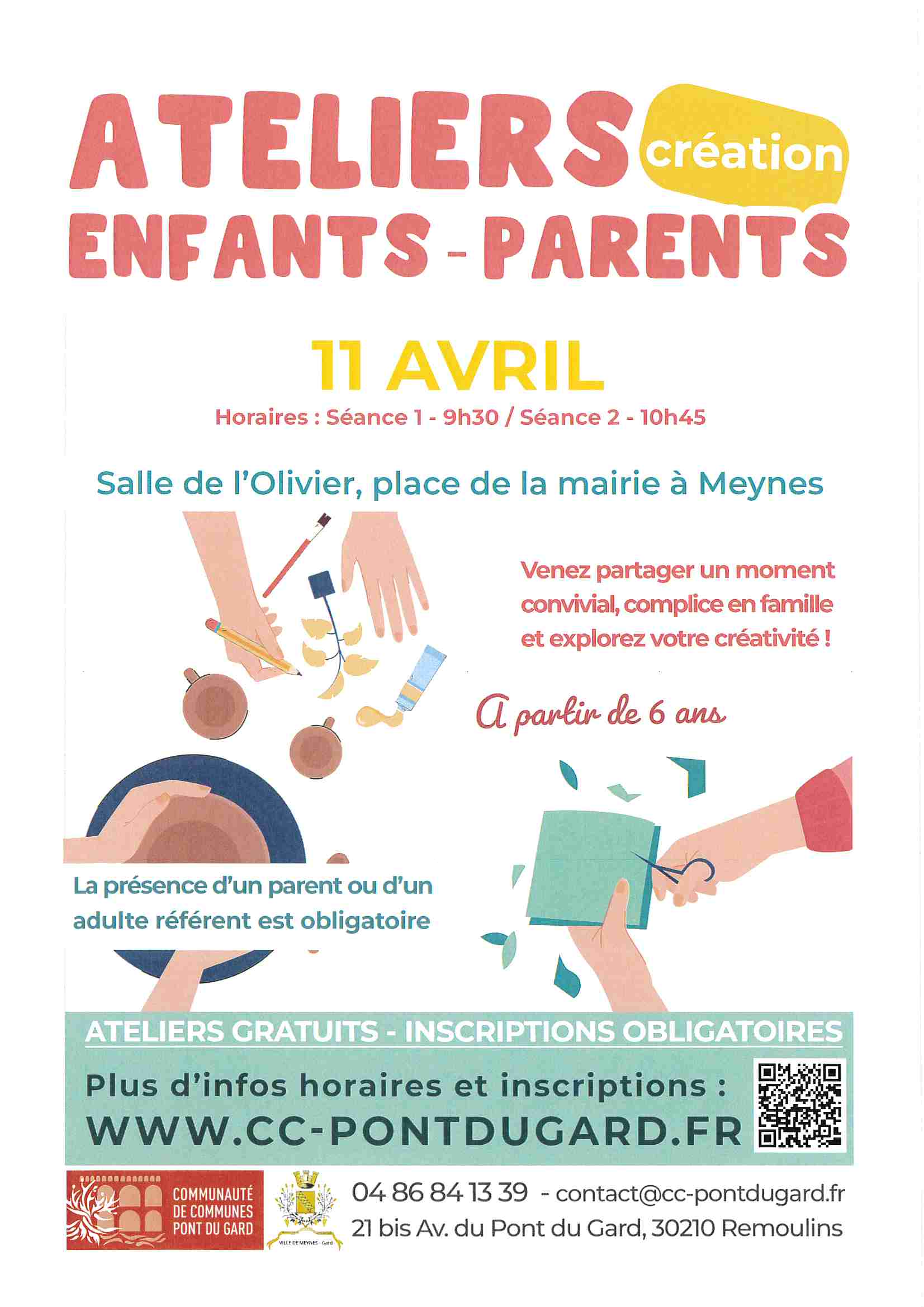 PARENTALITE : pour rappel Ateliers création Enfants - Parents le 11 avril à MEYNES à 9h30 et à 10h45